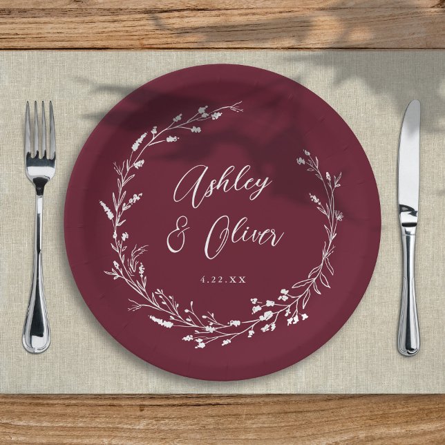 Rustic Boho Burgundy Wildflower Botanical Wedding Paper Plates (Creator Uploaded)