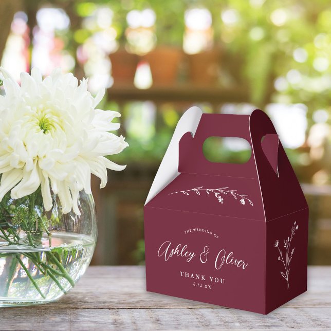 Rustic Boho Burgundy Wildflower Script Wedding Favor Boxes (Creator Uploaded)