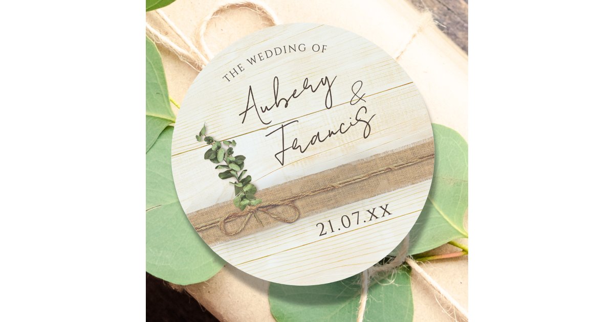 Jute Sticker Rustic Boho Burlap Floral Wood Eucalyptus Wedding Classic Round Sticker ...