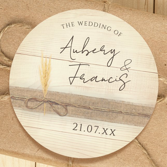 Rustic Boho Burlap Wood Pampass Grass Wedding Classic Round Sticker (Creator Uploaded)