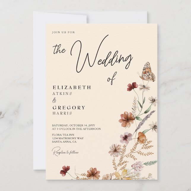 Rustic Boho Butterfly Fall Wildflower Wedding Invitation (Front)