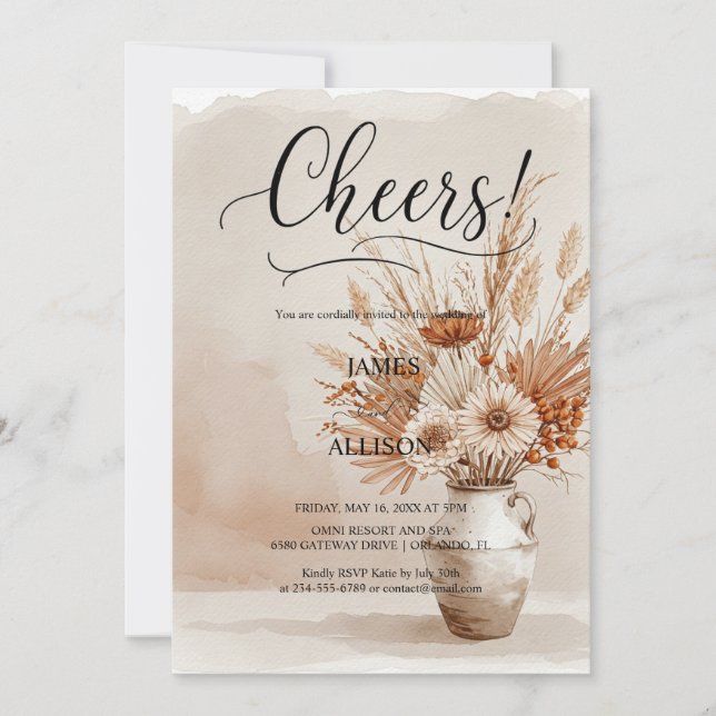 Rustic Boho Cheers Neutral Floral Invitation  (Front)