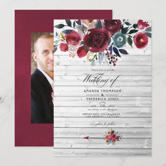 Rustic Boho Chic Burgundy and Navy Floral Wedding Invitation (Front/Back)