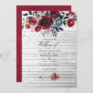 Rustic Boho Chic Burgundy and Navy Floral Wedding Invitation