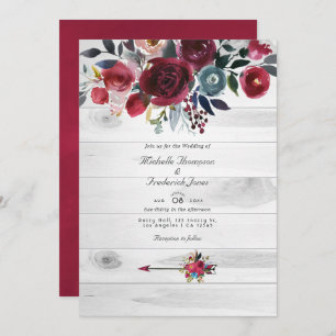 Rustic Boho Chic Burgundy and Navy Floral Wedding Invitation