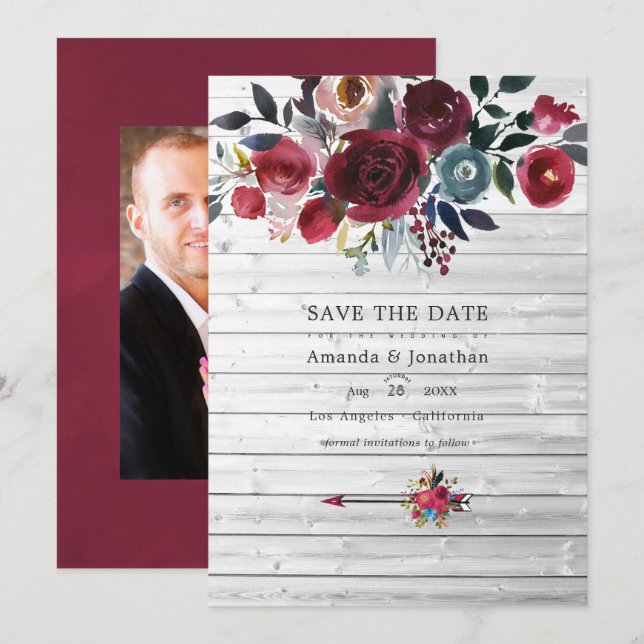 Rustic Boho Chic Burgundy and Navy Floral Wedding Save The Date (Front/Back)