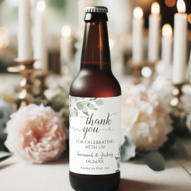 Rustic Boho Chic Eucalyptus Wedding Thank You Beer Bottle Label (Creator Uploaded)