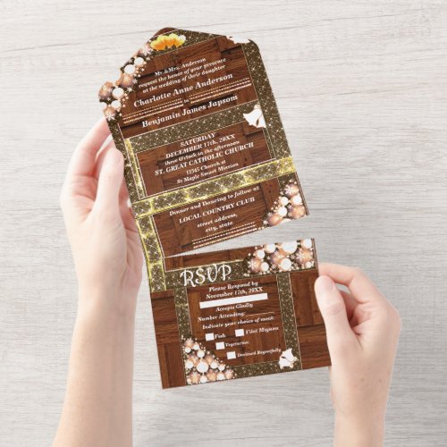  Rustic Boho Chic Gold Light bulbs Floral Wedding All In One Invitation