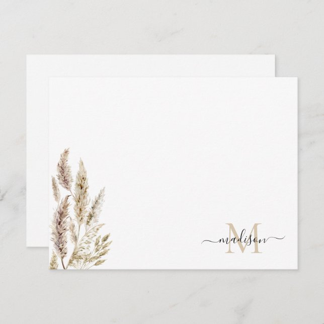 Rustic Boho Chic Pampas Grass Palm Leaves Monogram Note Card (Front/Back)