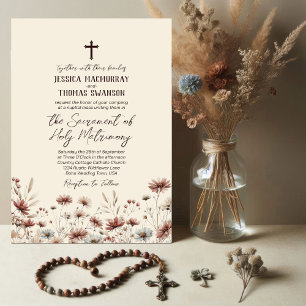 Rustic Boho Chic Wildflowers Catholic Wedding Invitation