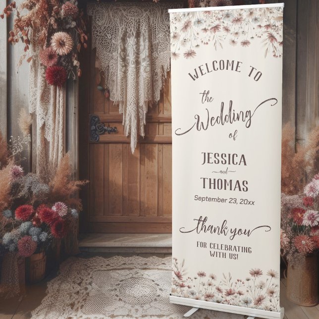Rustic Boho Chic Wildflowers Cream Wedding Welcome Retractable Banner (Creator Uploaded)