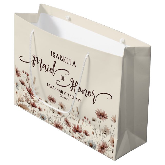 Rustic Boho Chic Wildflowers Maid of Honor Wedding Large Gift Bag (Front Angled)