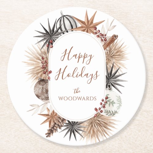 Rustic Boho Christmas Personalized Round Paper Coaster
