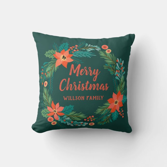 Rustic boho Classic Christmas  wreath poinsettia Throw Pillow (Front)