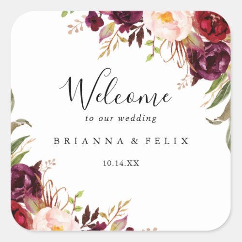 Rustic Boho Colorful Floral Wedding Welcome Square Sticker