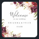Rustic Boho Colorful Floral Wedding Welcome Square Sticker<br><div class="desc">This rustic boho colorful floral wedding welcome square sticker is perfect for a modern wedding. The design features pink,  purple,  red,  and burgundy watercolor peonies clustered into elegant bouquets with green foliage,  inspiring natural beauty.

These labels are perfect for hotel guest welcome bags and destination weddings.</div>