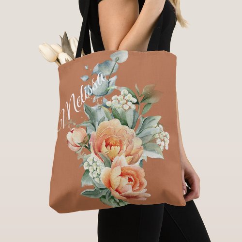 Rustic Boho Coral Peach Flower Personalize Tote Bag