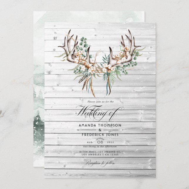 Rustic Boho Cotton and Eucalyptus Boho Wedding Invitation (Front/Back)