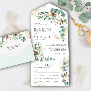 Rustic Boho Cotton Gold Eucalyptus Branch Wedding All In One Invitation
