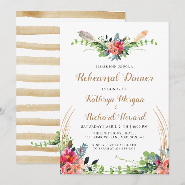 Rustic Boho Country Floral Garden Rehearsal Dinner Invitation (Front/Back)