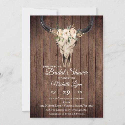 Rustic Boho Cow Skull on Barnwood Bridal Shower Invitation