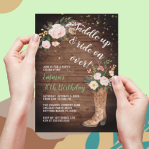 Rustic Boho Cowgirl Floral Boots Birthday Party Invitation