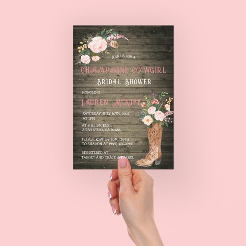 Rustic Boho Cowgirl Floral Boots Bridal Shower Invitation