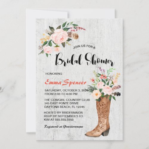 Rustic Boho Cowgirl Floral Boots Bridal Shower l Invitation