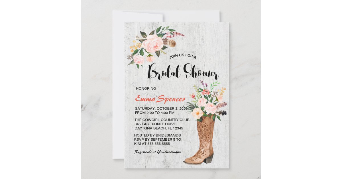 Rustic Boho Cowgirl Floral Boots Bridal Shower l Invitation | Zazzle
