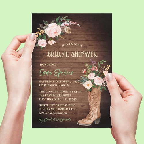 Rustic Boho Cowgirl Floral Boots Bridal Shower ll Invitation
