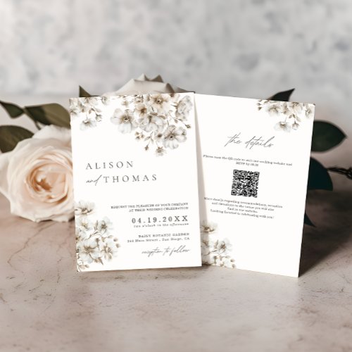Rustic Boho Cream Floral QR Code Wedding Invitation