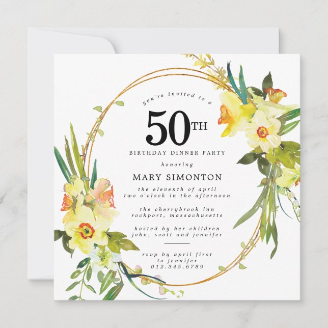 Rustic Boho Daffodil 50th Birthday Dinner Party Invitation (Front)