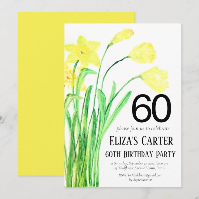 Rustic Boho Daffodil 60th Floral Elegant Birthday  Invitation (Front/Back)