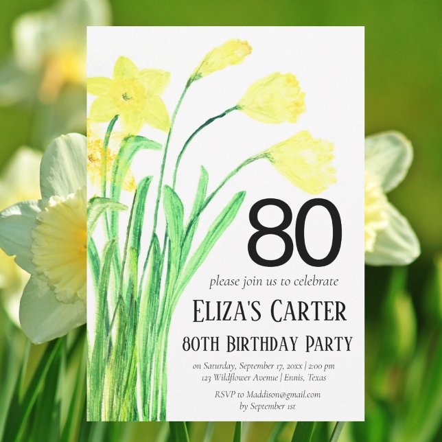 Rustic Boho Daffodil 80th Floral Elegant Birthday  Invitation (Creator Uploaded)