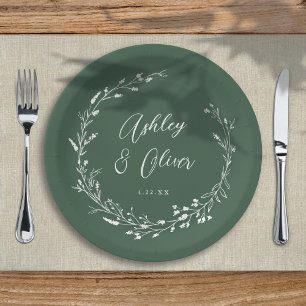 Rustic Boho Dark Green Wildflower Floral Wedding Paper Plates