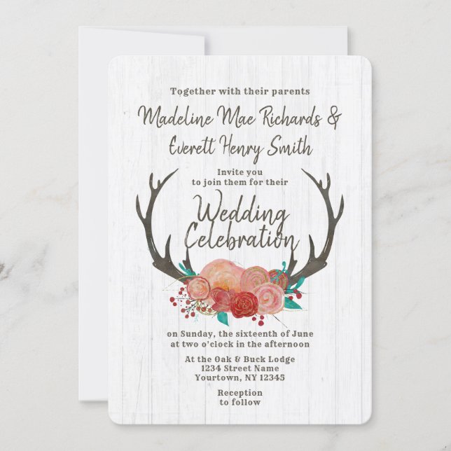 Rustic Boho Deer Antler Floral Wedding Invitation (Front)