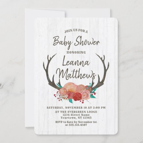 Rustic Boho Deer Antlers Baby Shower Invitation