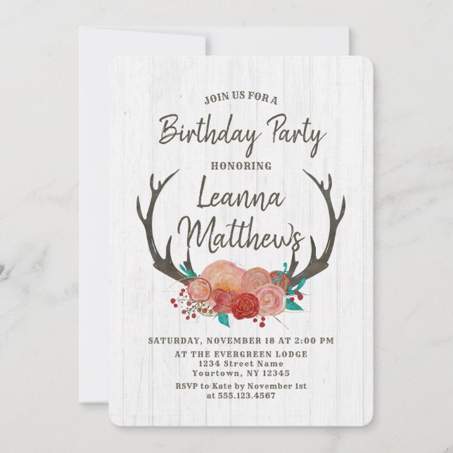 Rustic Boho Deer Antlers Birthday Party Invitation (Front)