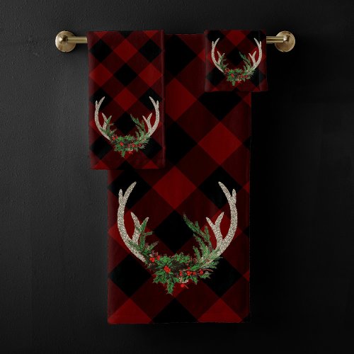 Rustic Boho Deer Antlers  Christmas Plaid Floral Bath Towel Set