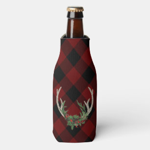 Rustic Boho Deer Antlers   Christmas Plaid Floral Bottle Cooler