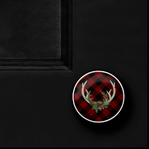 Rustic Boho Deer Antlers Christmas Plaid Floral Ceramic Knob