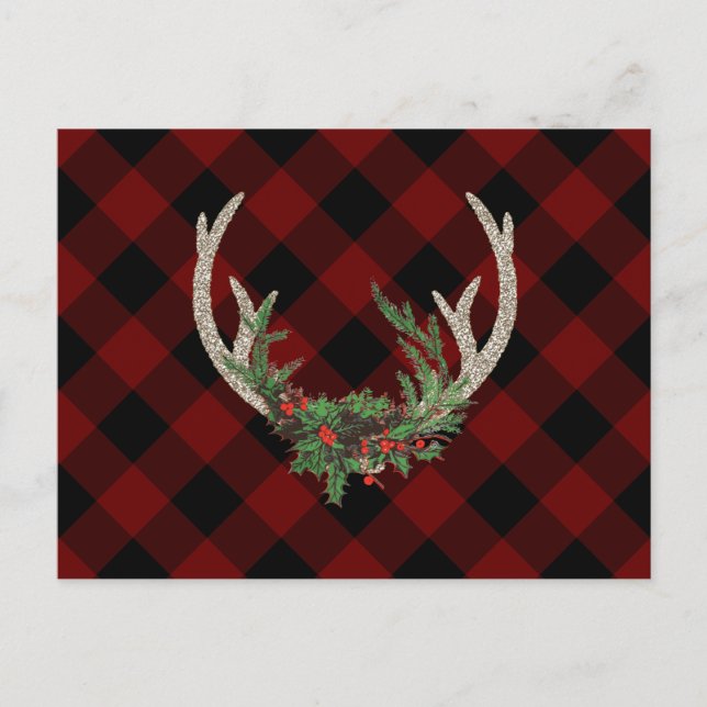 Rustic Boho Deer Antlers | Christmas Plaid Floral Holiday Postcard (Front)