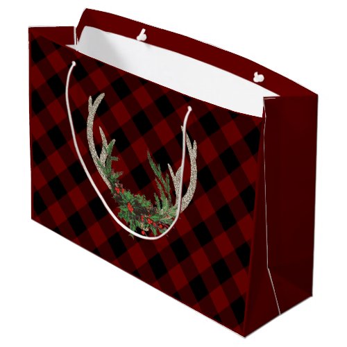 Rustic Boho Deer Antlers  Christmas Plaid Floral Large Gift Bag