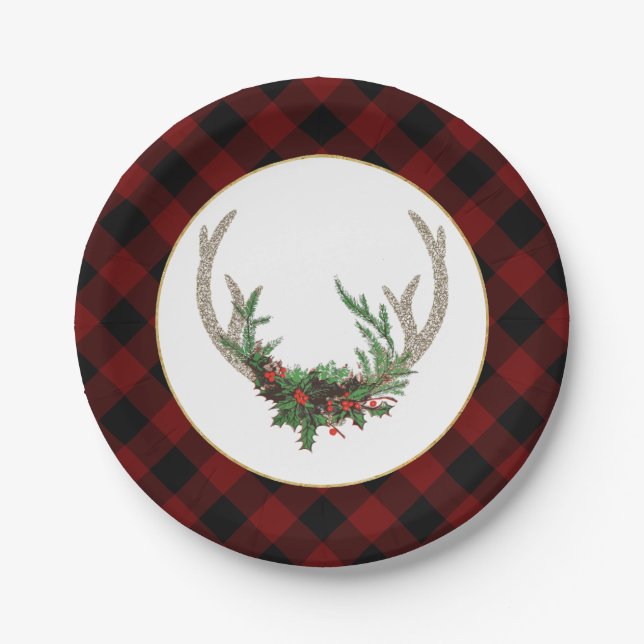 Rustic Boho Deer Antlers | Christmas Plaid Floral Paper Plates (Front)