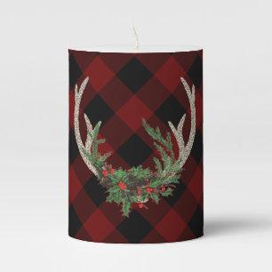 Rustic Boho Deer Antlers Christmas Plaid Floral Pillar Candle