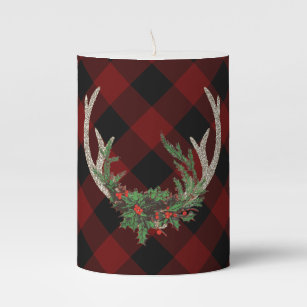 Rustic Boho Deer Antlers   Christmas Plaid Floral Pillar Candle