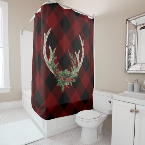 Rustic Boho Deer Antlers  Christmas Plaid Floral Shower Curtain