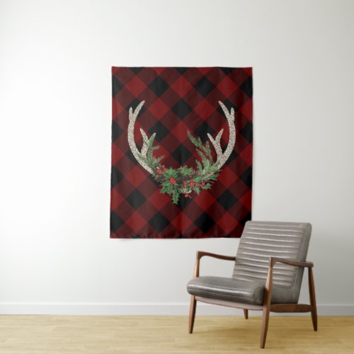 Rustic Boho Deer Antlers  Christmas Plaid Floral Tapestry