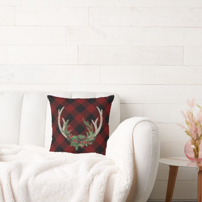 Rustic Boho Deer Antlers | Christmas Plaid Floral Throw Pillow (Couch)