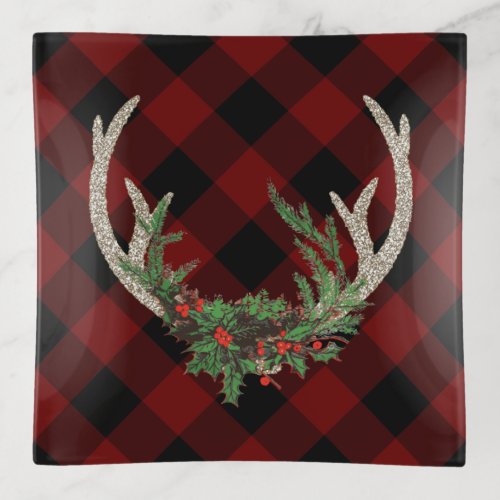 Rustic Boho Deer Antlers  Christmas Plaid Floral Trinket Tray